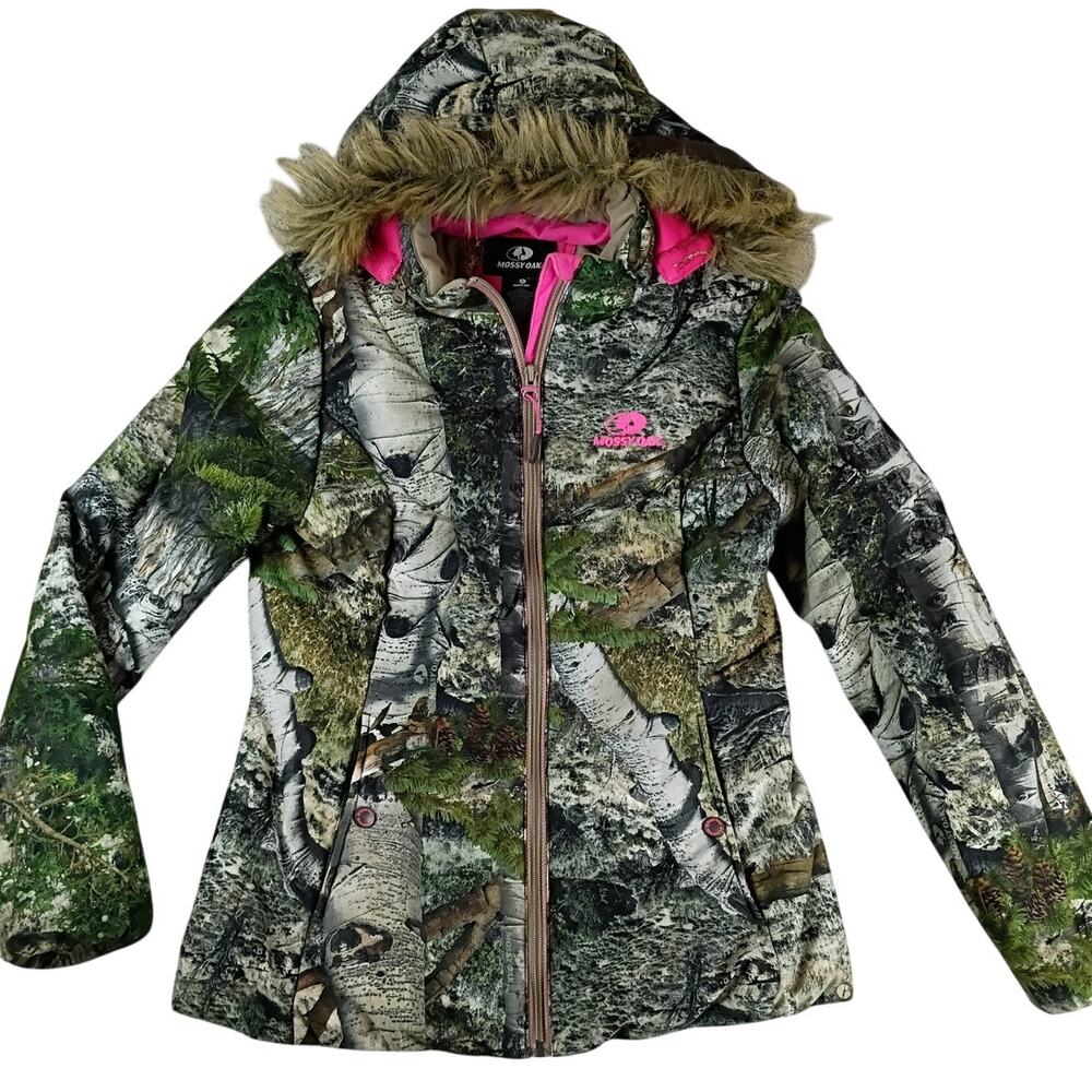 Mossy Oak Puffer Jacket Women Small 34-36 Break Up Camo Removable Hood Full Zip